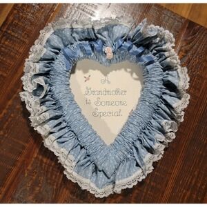 Vintage Handmade Heart Shaped Grandmother Embroidered Lace Fabric Wall Hanging